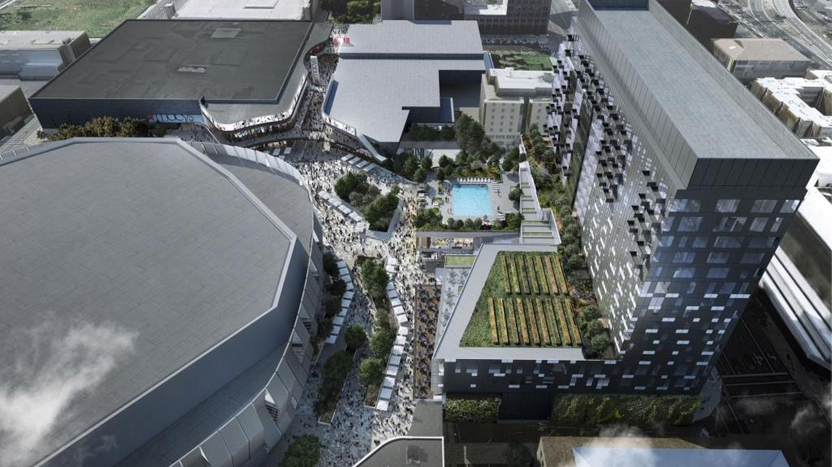 A rendering of Downtown Commons, or DoCo, the retail plaza between Golden 1 Center and the Sawyer hotel.