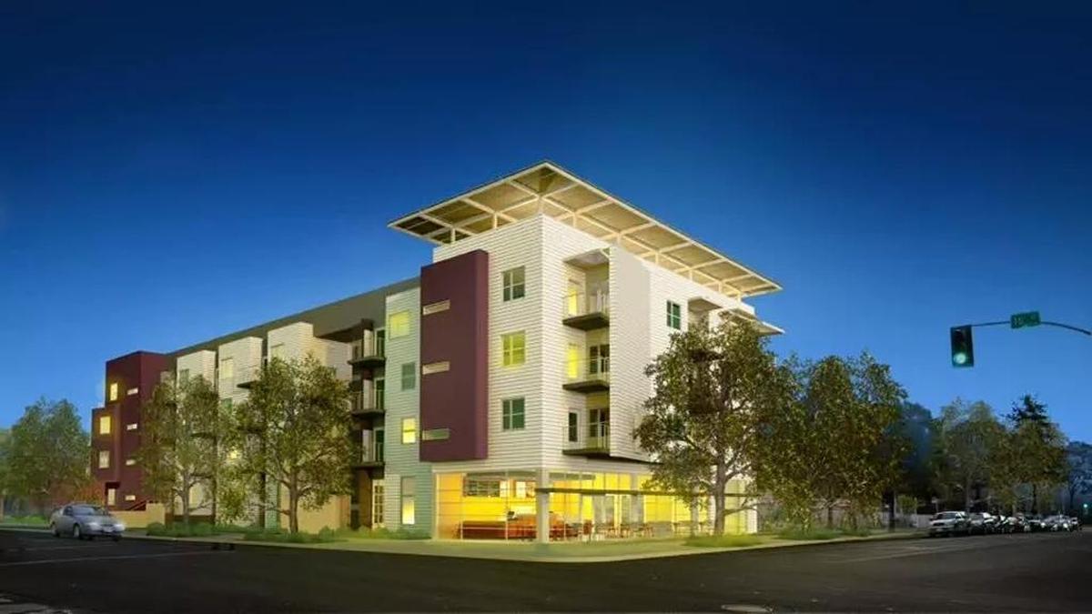Architectural rendering of the Lavender Courtyard by Mutual Housing project.