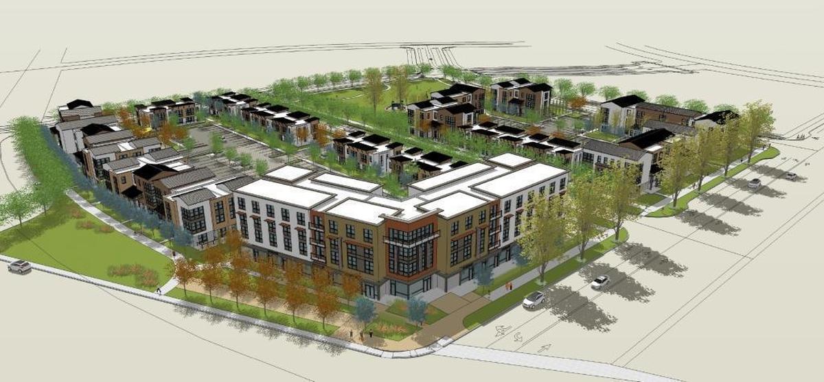 Renderings of the planned Twin Rivers development looking southeast from the corner of Richards Boulevard and Dos Rios Street.