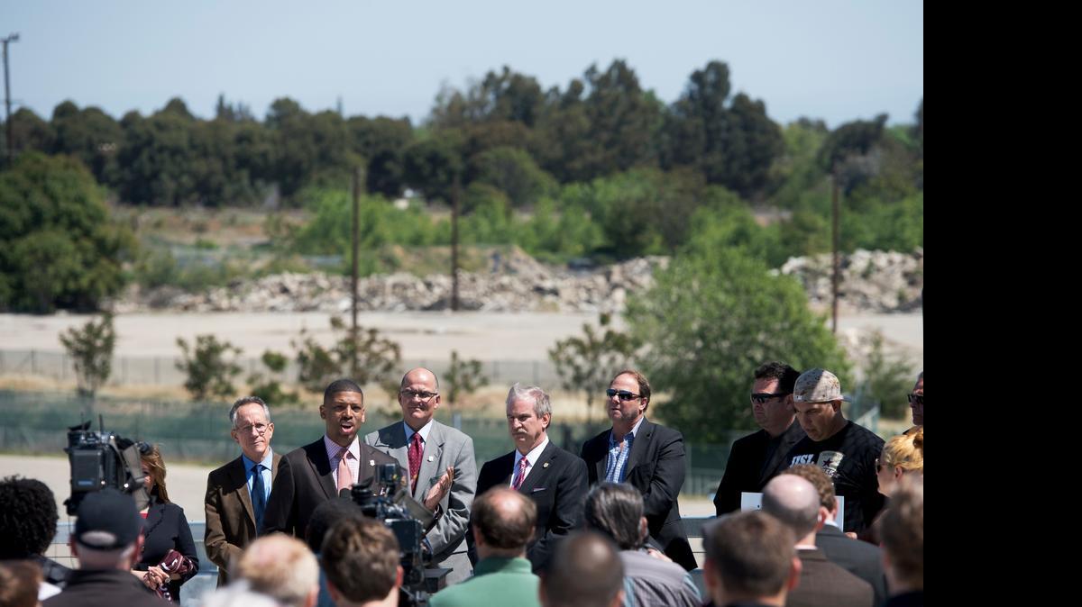 
Mayor Kevin Johnson and Republic FC officials outline the next steps for a proposed soccer stadium at the Sacramento railyard in April.
