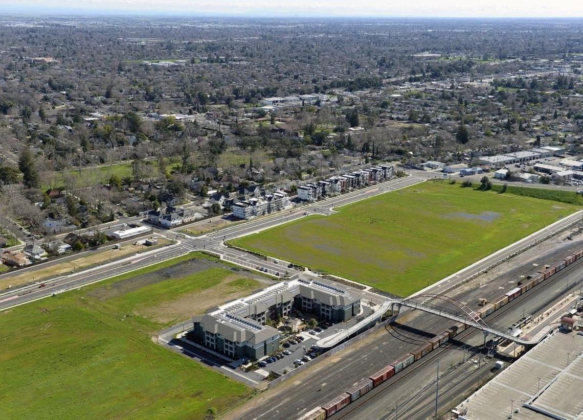 Crocker Village, formerly called Curtis Park Village, is shown in this aerial view on Feb. 11 in Sacramento. The development near Sacramento City College remains largely empty two years after construction began there.