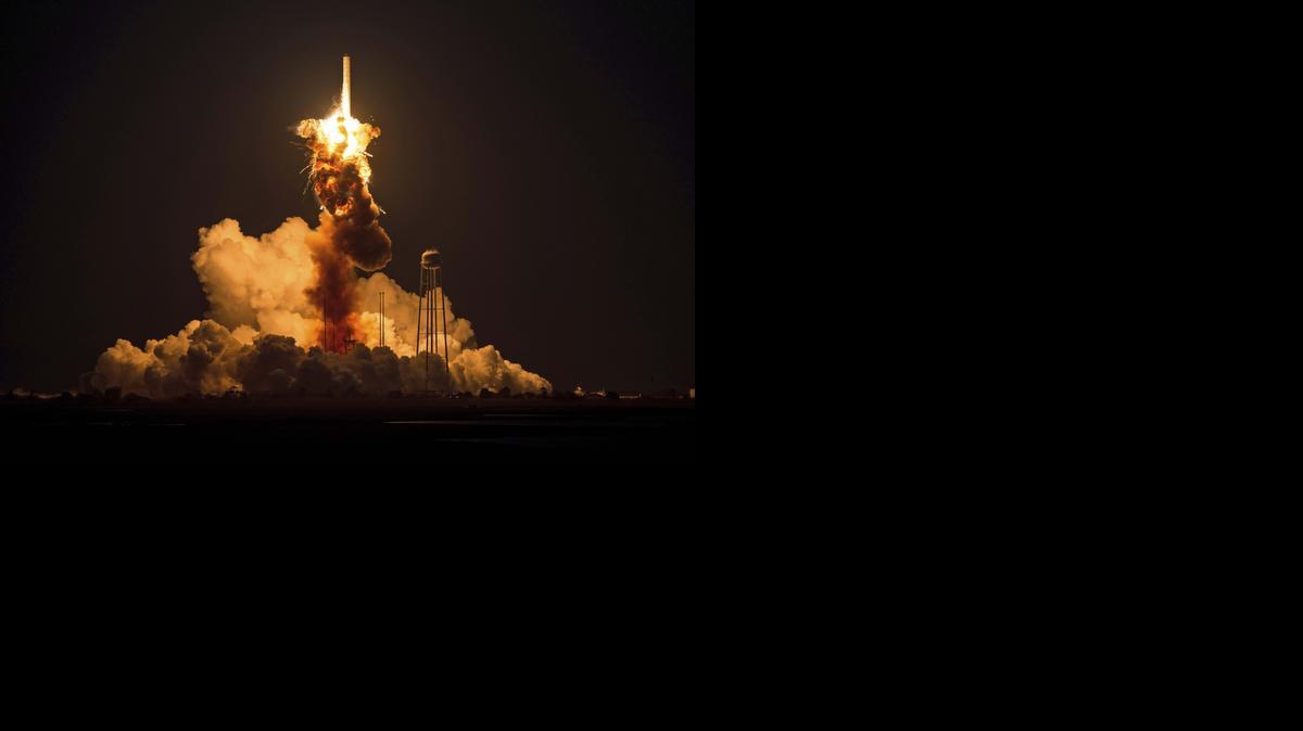 
This image provided by NASA shows the Orbital Sciences Corporation Antares rocket, with the Cygnus spacecraft onboard, as it suffers a catastrophic anomaly moments after launch from the Mid-Atlantic Regional Spaceport Pad 0A, Tuesday, at NASA’s Wallops Flight Facility in Virginia. The Cygnus spacecraft was filled with about 5,000 pounds of supplies destined for the International Space Station, including science experiments, experiment hardware, spare parts, and crew provisions.
