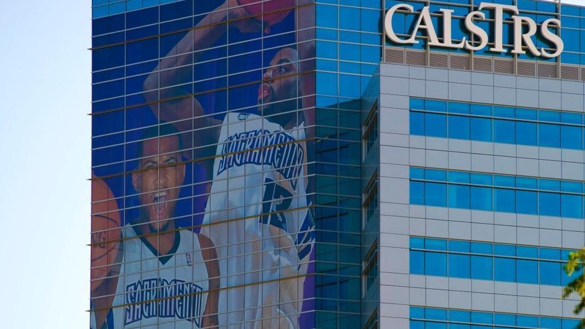 CalSTRS building in West Sacramento on Tuesday, September 14, 2010. A promotional campaign for the Sacramento Kings included a large sign with players DeMarcus Cousins and Tyreke Evans.