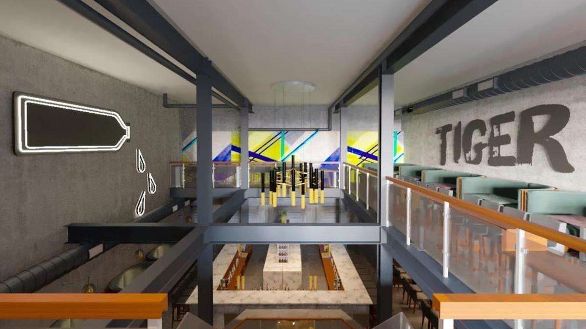 “Tiger milk,” anyone? This rendering of the upcoming Tiger bar and restaurant, to be built on K Street, shows the upper mezzanine and milk bottle logo. The main bar and seating area are down stairs.