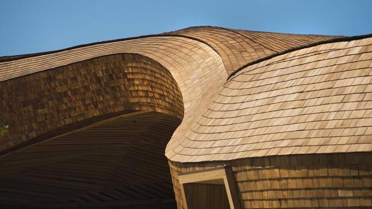 The Barn is an 8,000- square-foot shade sculpture and public gathering space in The Bridge District of West Sacramento.