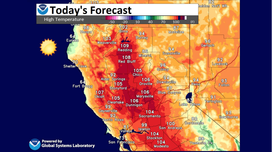 The National Weather Service forecast for northern California on Friday, June 30. Temperatures are expected to reach triple digits in Sacramento with highs reaching 107 degrees on Saturday.