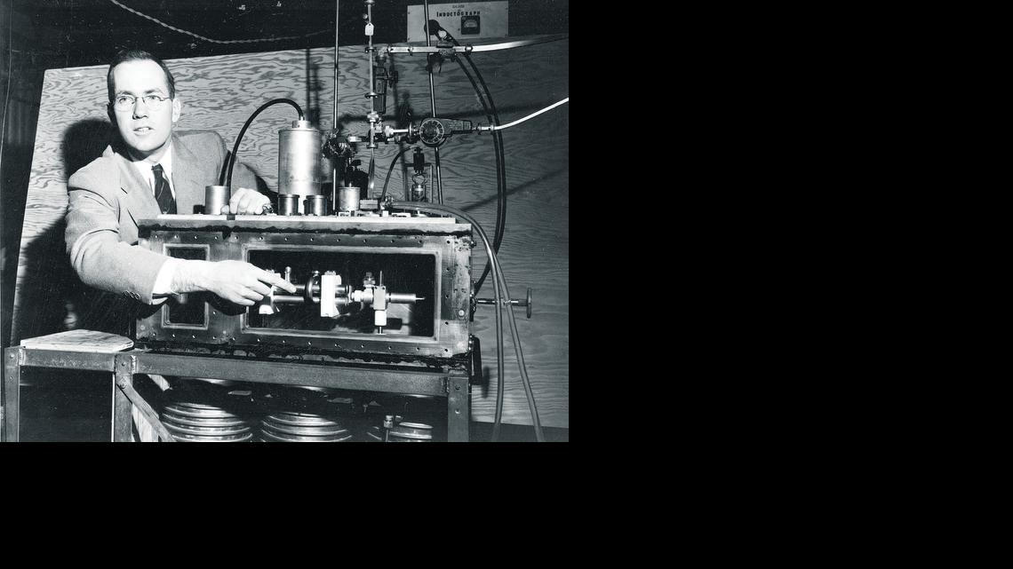 In this Jan. 25, 1955, file photo, Charles Townes, Columbia University professor and Nobel laureate, explains his invention, the maser, during a news conference in New York City. He later joined the UC Berkeley faculty.