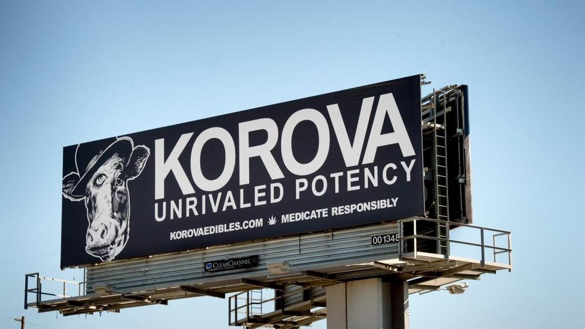 The changing marijuana marketplace, with pot edibles, high potency dabs and vape pens with honey oil capsules increasingly preferred by consumers as California ponders expanded legalization through Proposition 64. A billboard in Oakland, Calif., on Wednesday, October 19, 2016.