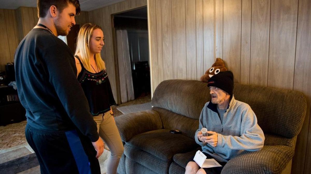 Kody Kolstrup and Amanda Campos deliver a marijuana order to cancer patient Richard Stein. “I put a special note in their system – ‘In a large hurry. Need ASAP,’ ” said Stein. “Bam! It was here in 15 minutes.”