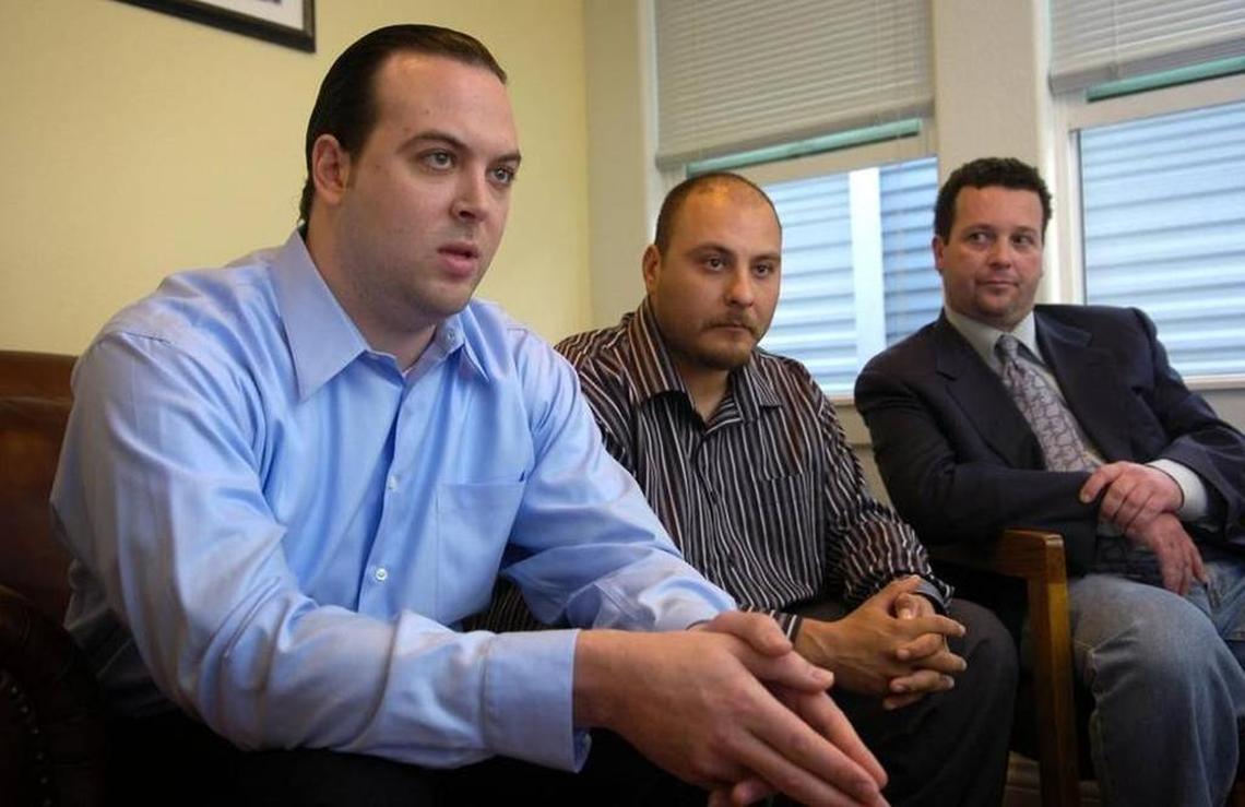 Luke Scarmazzo, left, and Ricardo Montes, center, formerly owners of the California Healthcare Collective, are seen in a 2008 photo. Their attorney Robert Forkner is at right.