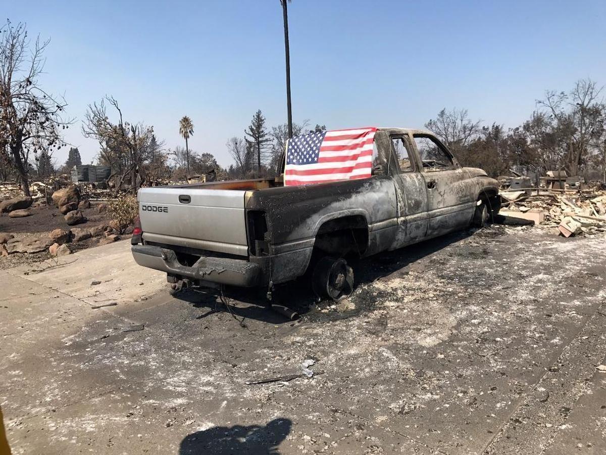 A burned truck remains in the Coffey Park area after the Tubbs Fire ripped through northern Santa Rosa.