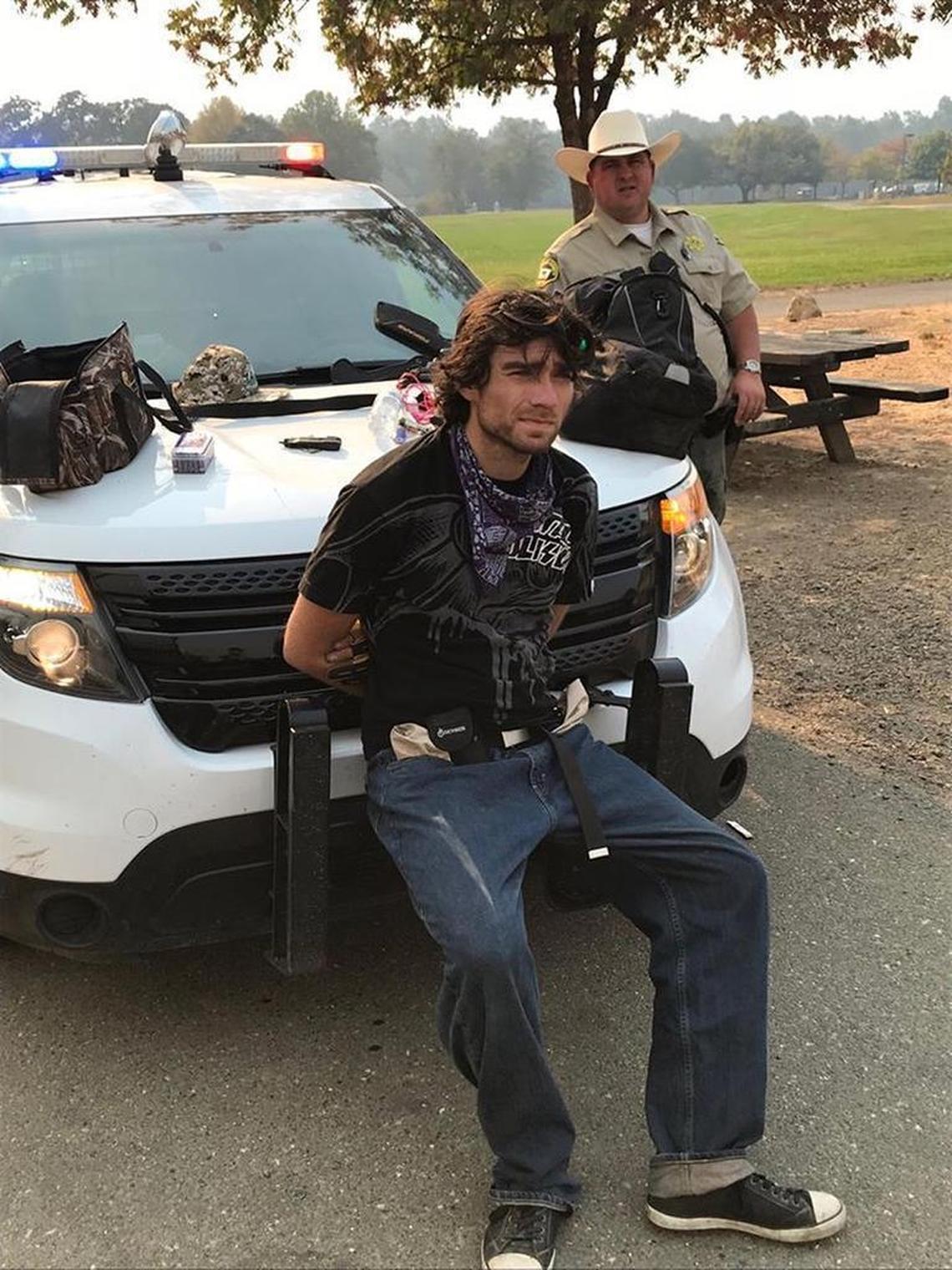 Sonoma sheriff’s officials say on Thursday they detained Morgan Plumere, 30, of Sonoma, on suspicion of looting. He is accused of taking a fire shelter from an out-of-county firefighter sent in to help.