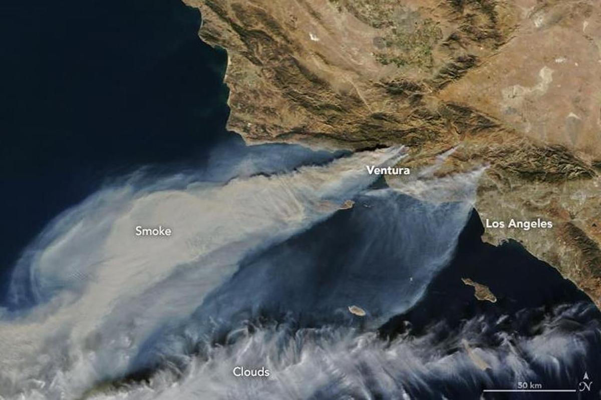 The huge plume of smoke from the Thomas Fire in Ventura County spreads over the ocean, along with two smaller plumes from the Rye and Creek fires.