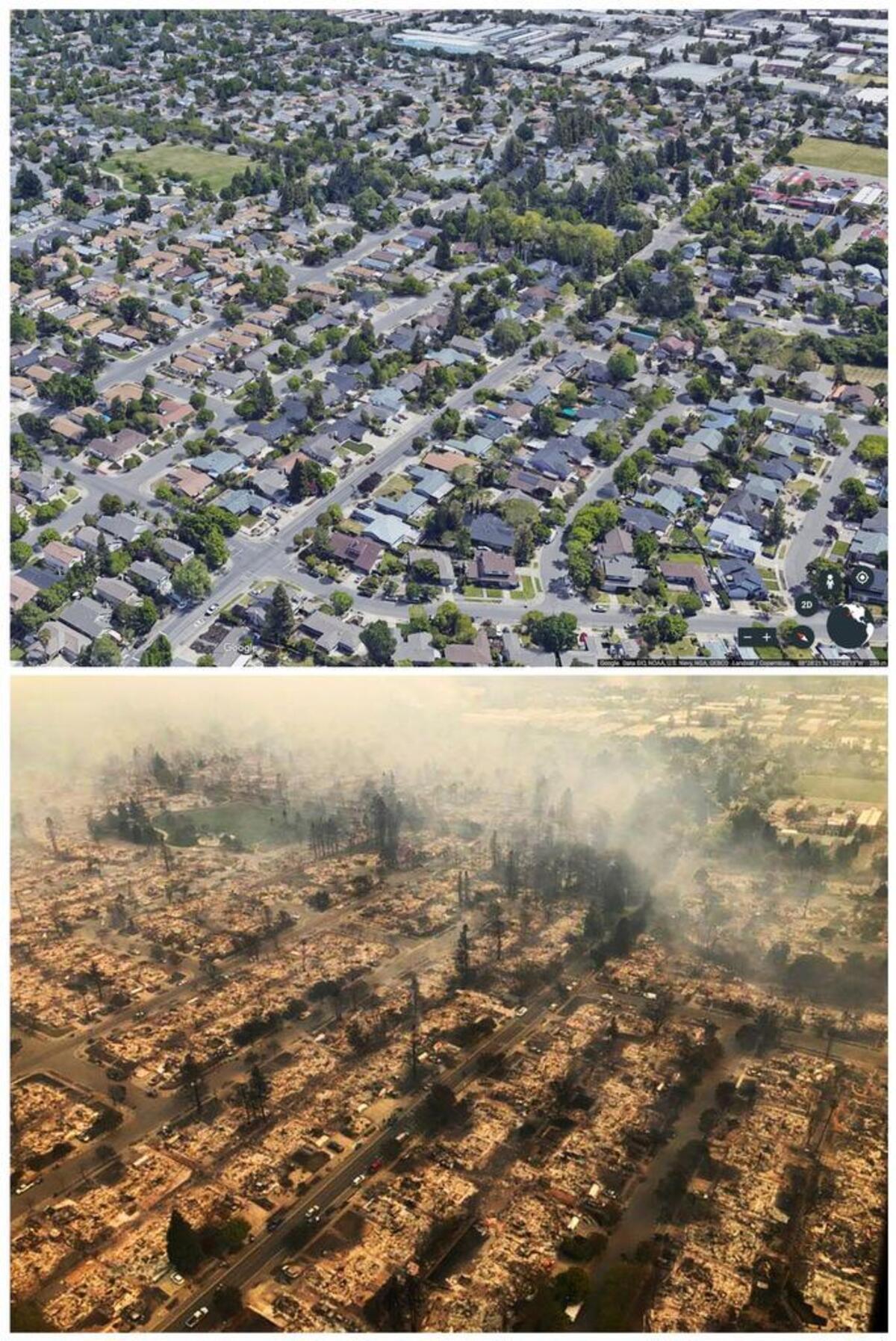 Before and after images of the Coffey Park neighborhood in Santa Rosa. The bottom image from Monday, Oct. 9, 2017. The top undated image provided by Google Earth shows the area before the fire.