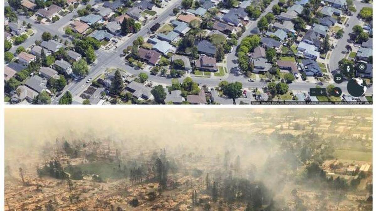 Before and after images of the Coffey Park neighborhood in Santa Rosa. The bottom image from Monday, Oct. 9, 2017. The top undated image provided by Google Earth shows the area before the fire.