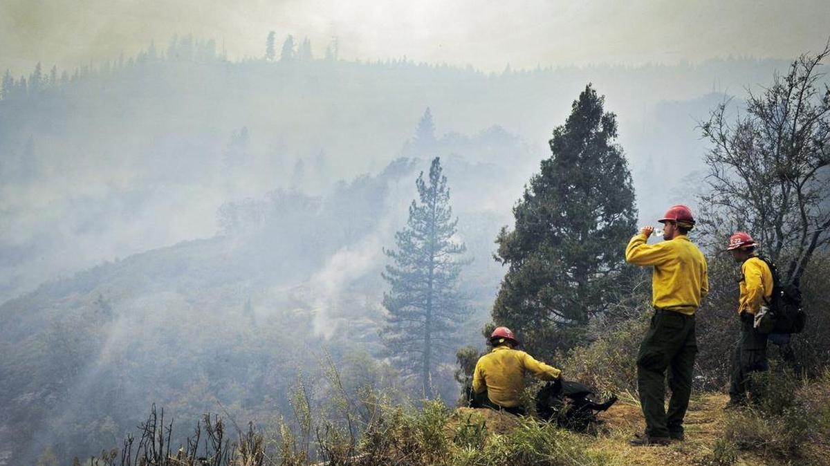 
Fire crew members stand watch along Highway 180 with Hume Lake located in the far background behind the hill Saturday.

