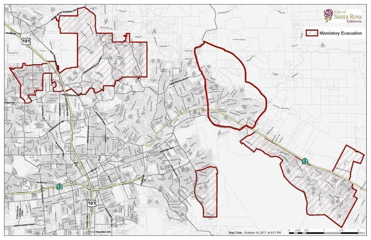 A map of the mandatory evacuation areas in Santa Rosa, including the most recent evacuation area along Hwy 12.
