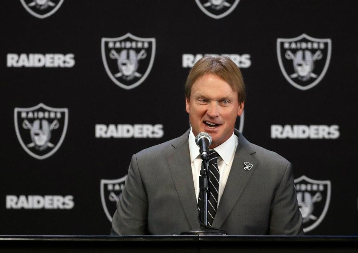 Oakland Raiders new head coach Jon Gruden answered questions during a news conference Tuesday in Alameda, Calif.