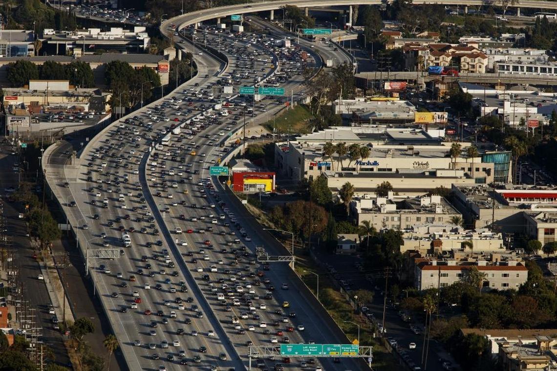 Vehicles in rush hour traffic approach the Interstate 405 and Interstate 10 freeway interchange in Los Angeles in 2015.