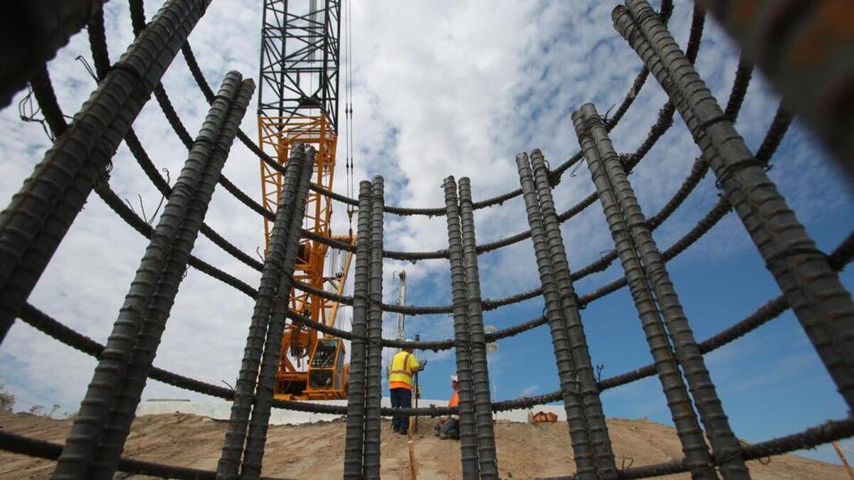 Steel reinforcement is installed for a piling for the newly rebuilt Tex Wash Bridge outside Desert Center in August. The Tex Wash collapsed in July during a flash flood, causing the closure of Interstate 10.