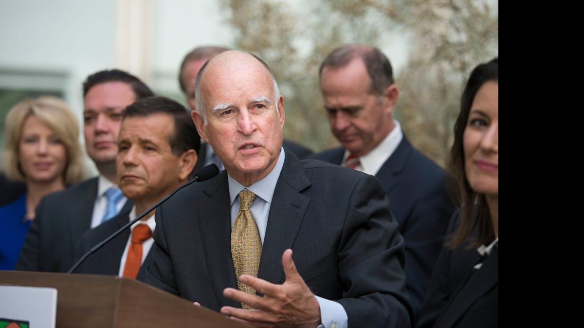
Gov. Jerry Brown talks about water conservation after a meeting with city mayors on Tuesday in Sacramento.

