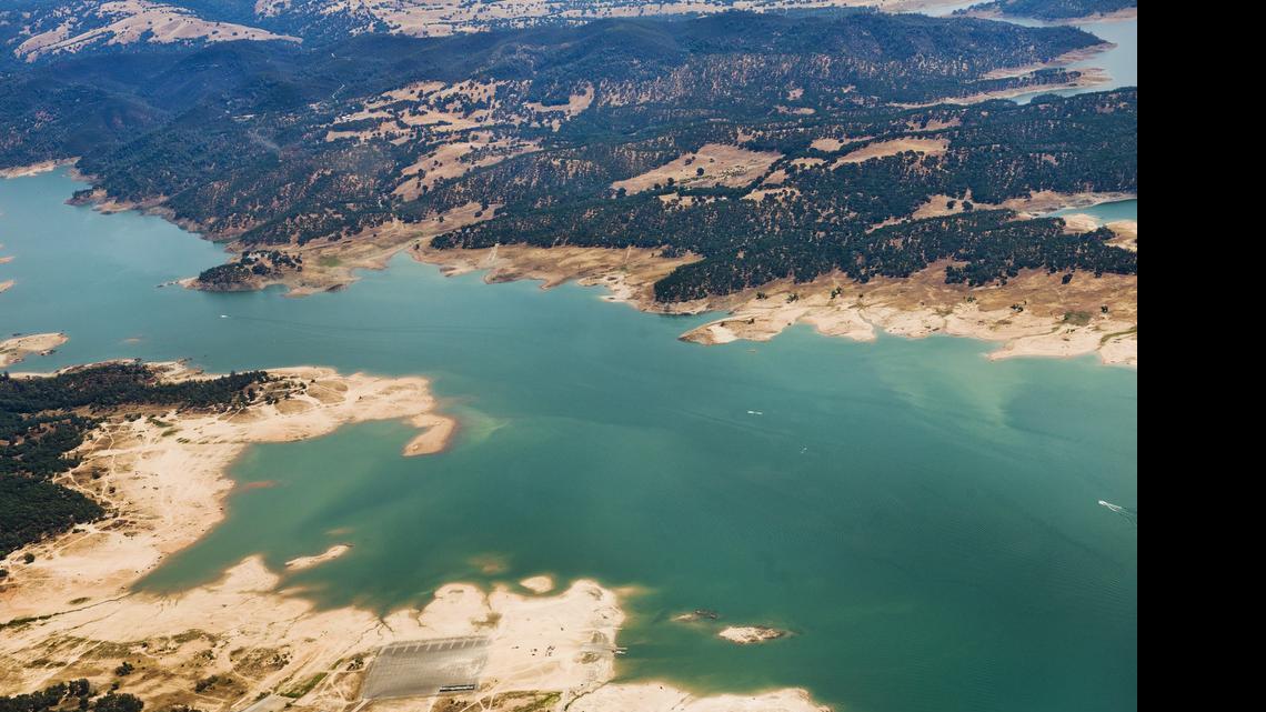 
An aerial view of Folsom Lake at Granite Bay looking toward the northeast in late June shows how far down the lake has been drawn.

