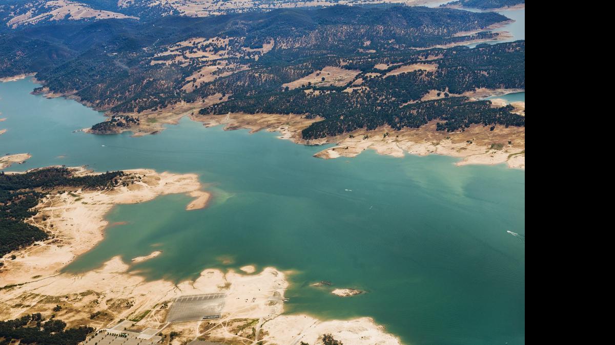 
An aerial view of Folsom Lake at Granite Bay looking toward the northeast in late June shows how far down the lake has been drawn.
