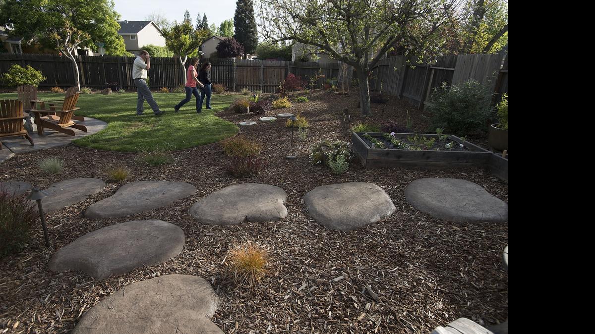 
Marc Kenyon, left, landscape designer Kate Bowers, and Kenyon's wife Jeana Kenyon in the Kenyon's back yard in Roseville earlier this year. These families have cut their water use by more than 80 percent mostly by ripping up their large front lawn and replacing it with drought-resistant plants. 
