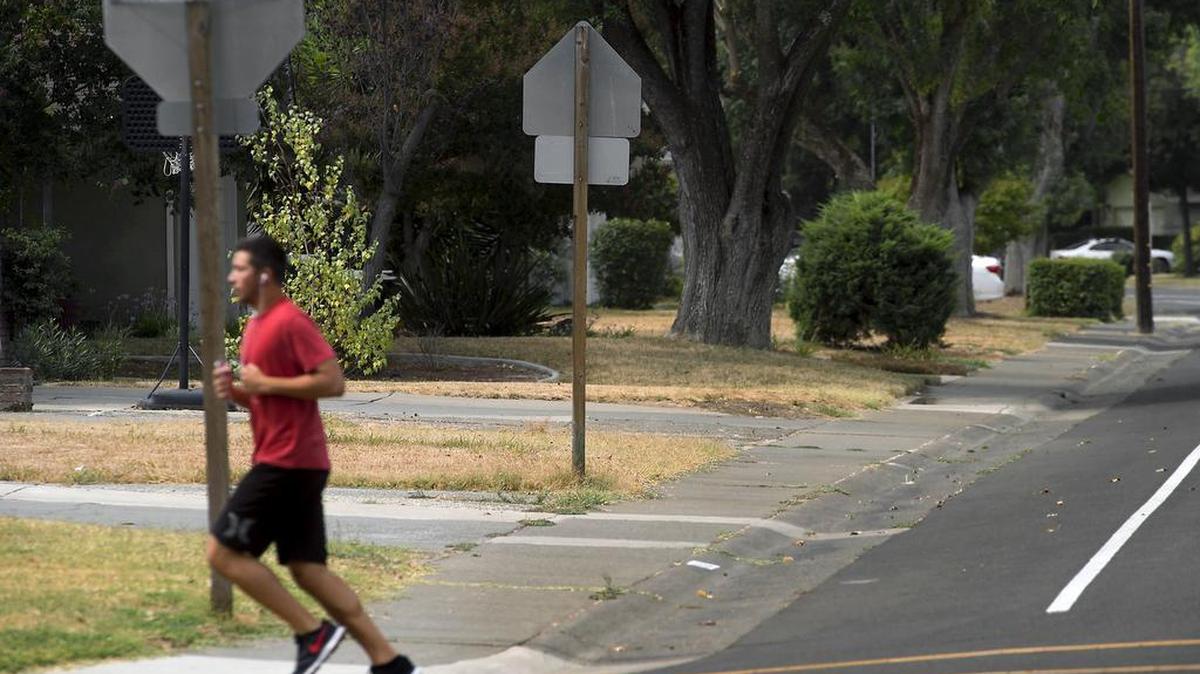 
A row of homes with drought-parched lawns in the Rosemont area of Sacramento on Aug. 7, 2015. The Regional Water Authority announced Wednesday, Sept. 23, 2015, that water usage dropped 33.5 percent compared to August 2013, the benchmark year. In July, the region cut water use by 37 percent. 
