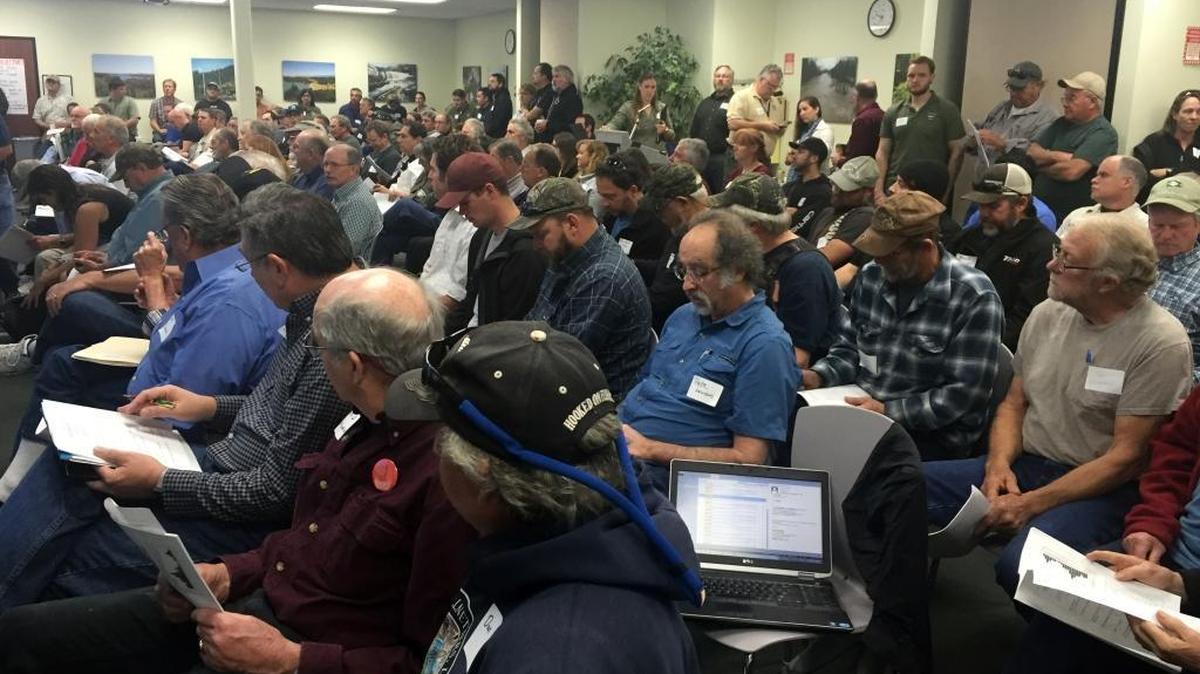 Commercial and recreational anglers packed a conference room in Santa Rosa to hear state and federal fisheries officials present salmon population estimates that will be used to set the upcoming fishing seasons.