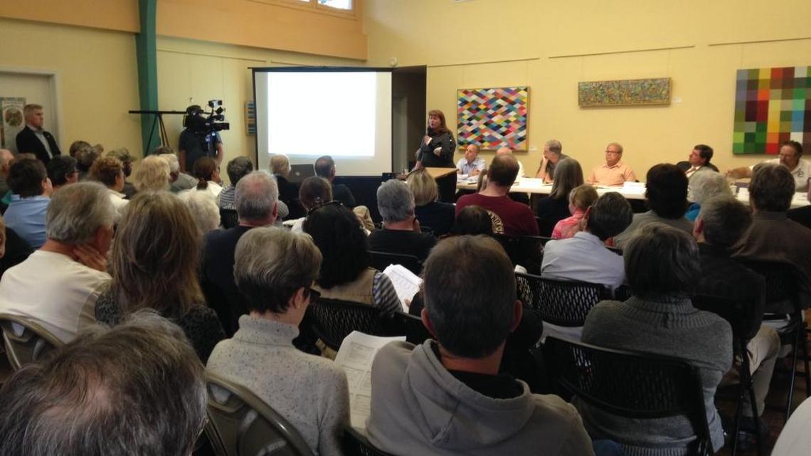 Del Paso Manor Water District General Manager Debra Sedwick addresses a crowd of rate-payers at a public workshop on rate increases in the district on Monday.