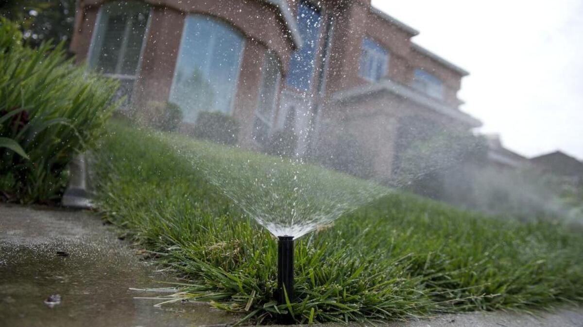 A sprinkler system at the home of Mike Singleman runs during a check for water use by Darren Van Dusen on Friday, May 22, 2015.