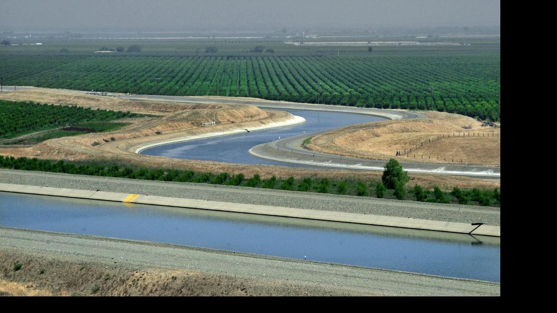 
 Flows have been reversed in the water-starved Delta-Mendota Canal, seen in the background behind the Gov. Edmund G. Brown California Aqueduct. 
