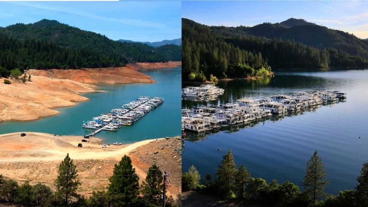 Then and now: The photo on the left shows Bridge Bay Marina at Shasta Lake in June 2014, amid severe drought. On the right is the lake in May 2016, following a relatively wet winter.