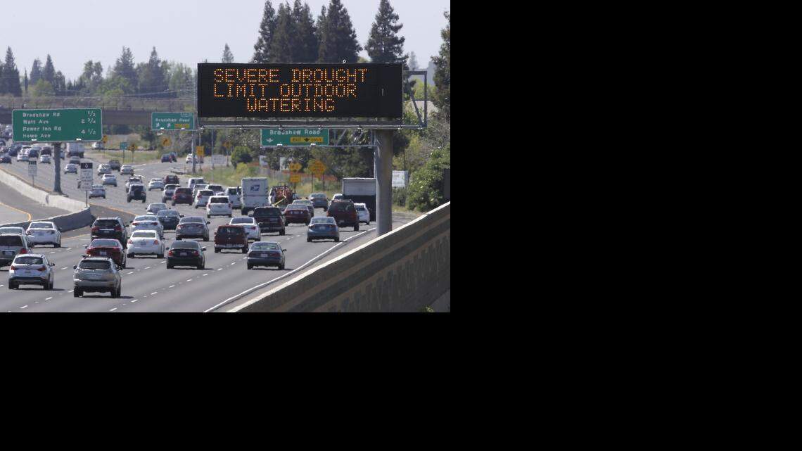 
Motorists pass a Rancho Cordova sign Thursday reminding them to reduce water use due to the statewide drought, as they drive on Highway 50. California Gov. Jerry Brown on Wednesday ordered a 25 percent overall cutback in water use by cities and towns, but not farms, in the most sweeping drought measures ever undertaken by the nation’s most populous state. 
