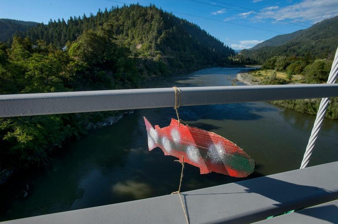 A cardboard salmon spins in the breeze on a bridge over the Klamath River during the ceremonial Salmon Run performed by the Yurok, Karuk and other Northern California tribes, an event meant to spread news from village to village that the fish were returning from the ocean. This year, however, the event brought the bad news that the fish are disappearing.