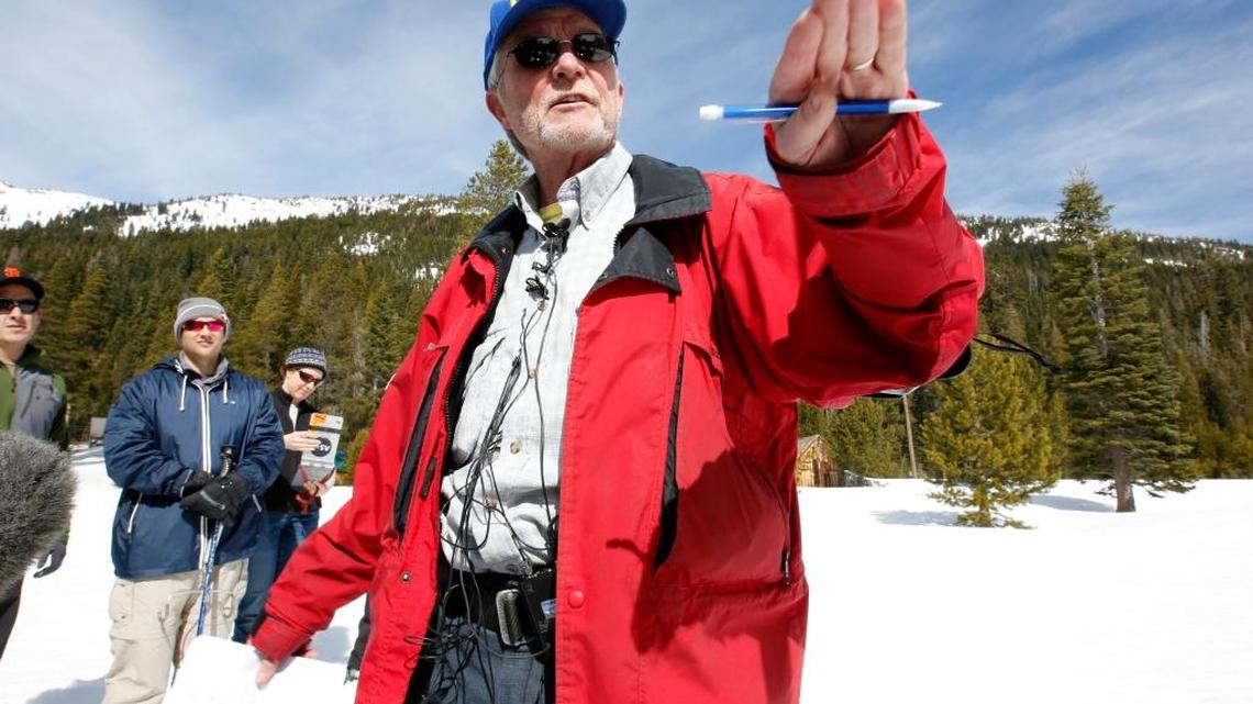 Frank Gehrke, chief of the California Cooperative Snow Surveys Program for the Department of Water Resources, talks to reporters after conducting the third manual snow survey of the season at Phillips Station near Echo Summit on Tuesday, March 1, 2016. State surveyors found Tuesday that a record-breaking warm, dry month of February ate away at what had been a well-above normal Sierra Nevada snowpack.