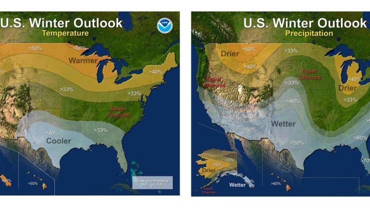 
This combo of images provided by NOAA (National Oceanic Atmospheric Administration) shows the three-month temperature, left, and precipitation forecasts for the U.S. Forecasters say this winter El Nino is about to leave a big wet but not necessarily snowy footprint on much of the United States, including parched California. 

