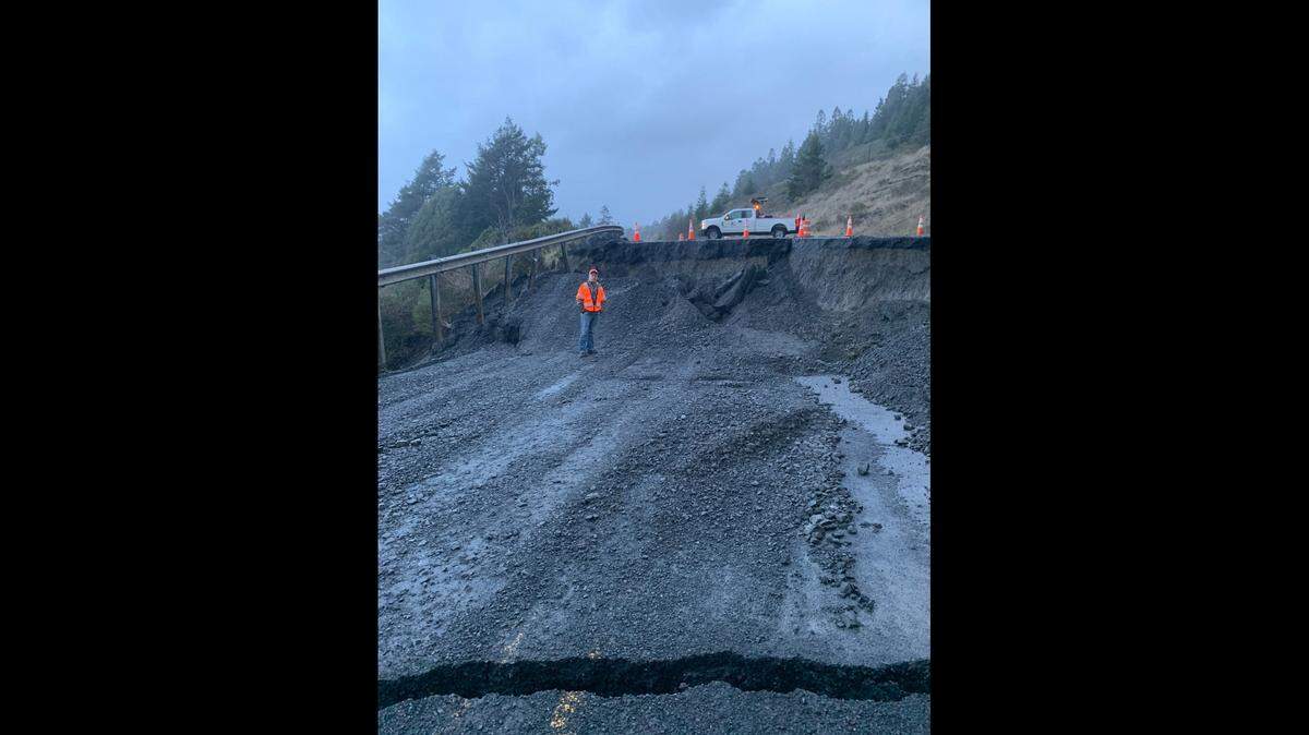 A landslide shut down part of the U.S. Highway 101 near Port Orford, Oregon, on Jan. 9, 2023, transportation officials said. Some parts of the road dropped 12 feet.