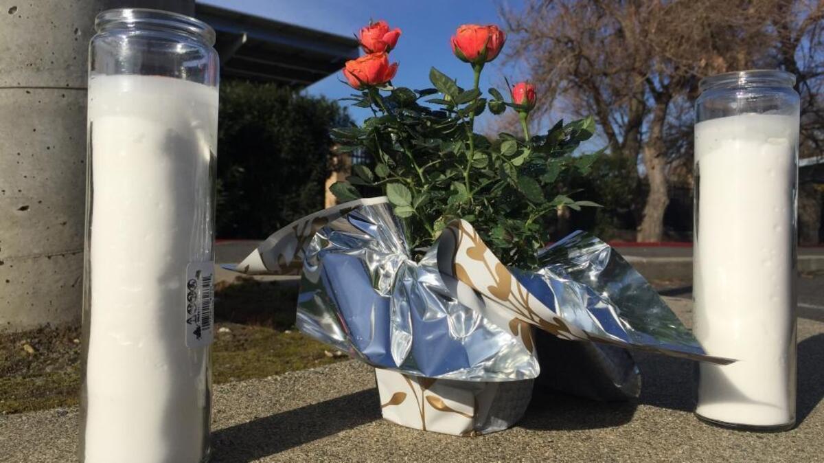 A tiny memorial, two candles and a plant, sat on the curb Monday in the spot where a man and two girls were found dead in a car.
