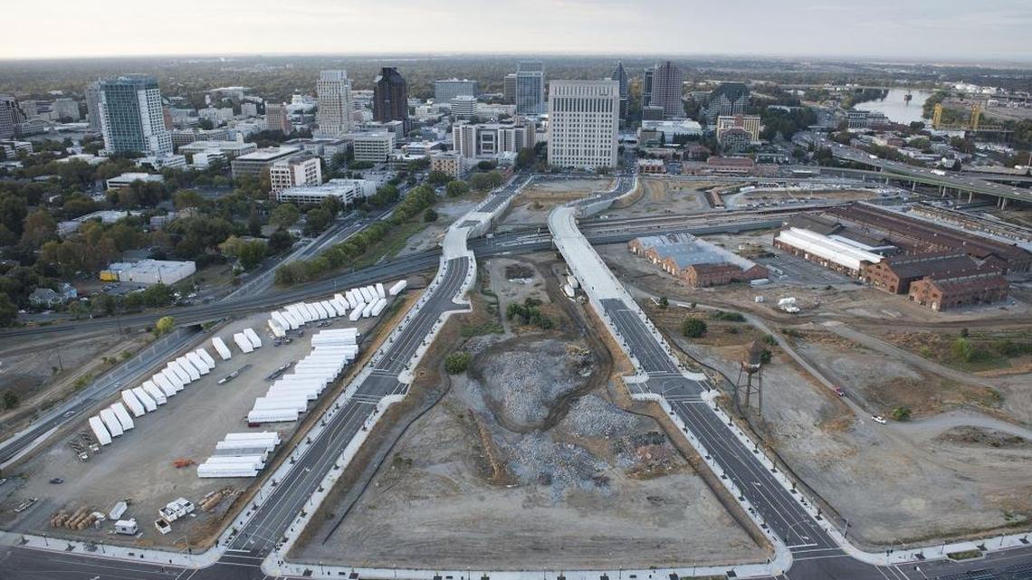 Aerial view of the Sacramento railyard, October, 2015, looking southward toward downtown.