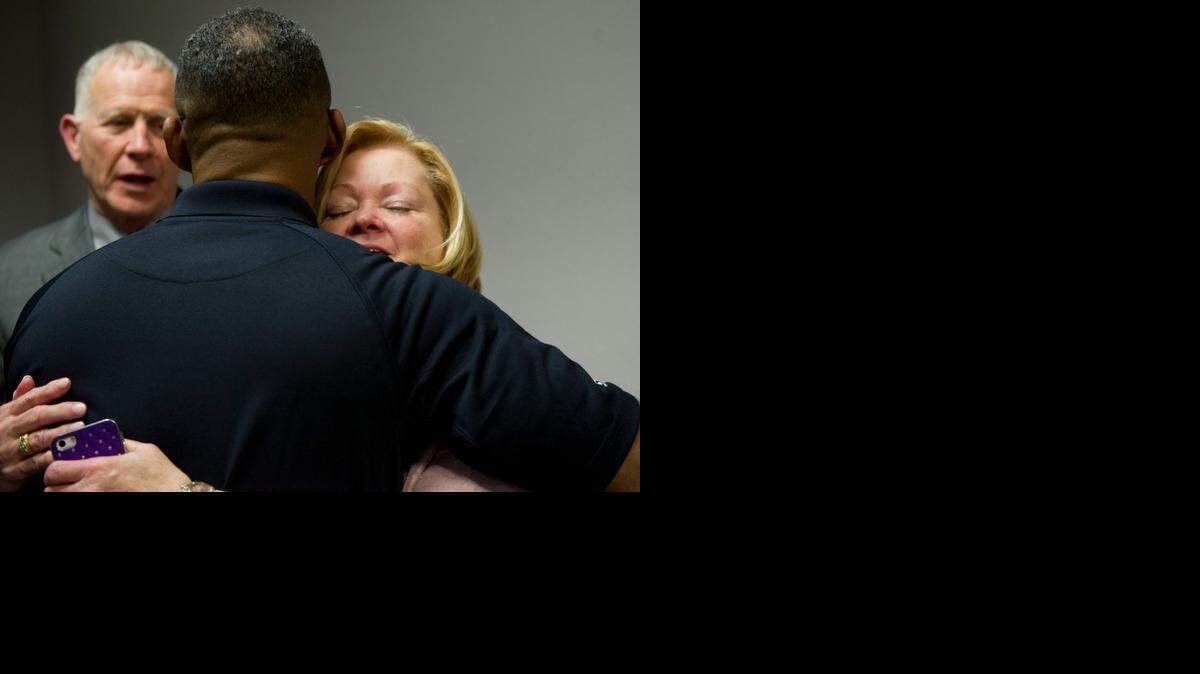 
Sacramento police Sgt. Eric Walker embraces Judy Shepard following a talk at a hate-crimes workshop at the Central California Intelligence Center in McClellan Park on Thursday.

