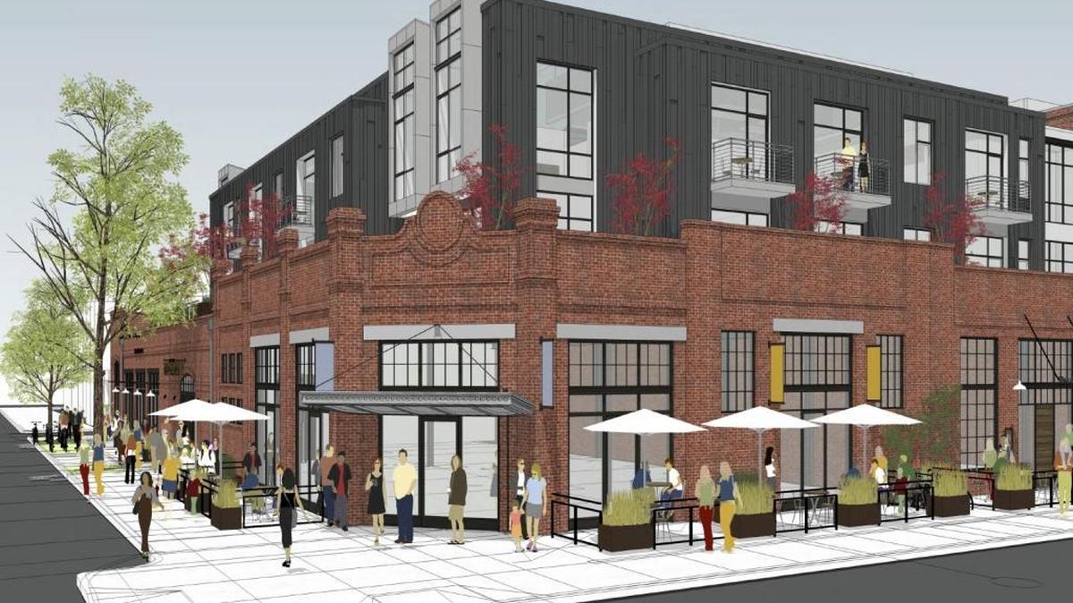 Rendering shows a project planned for 11th and R streets in downtown Sacramento. The project will retain the shell of an existing building on the corner while adding a new one next door.