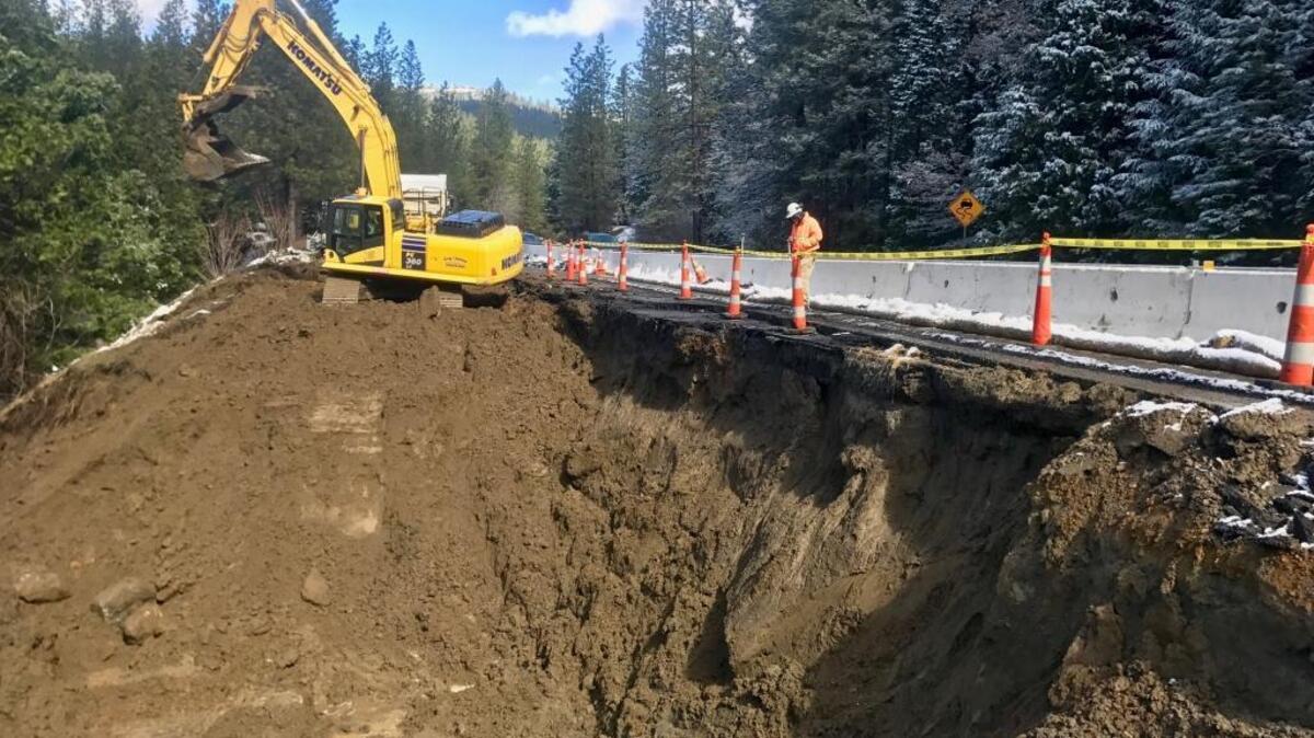 Doug Veerkamp General Engineering Inc. is repairing the slope next to Highway 50 in El Dorado County, following a slipout at Bridal Veil Falls that destroyed one westbound lane and affected another.