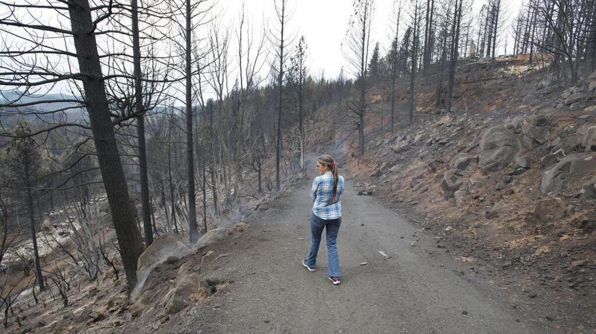 
Patti Murphy walks down a road toward her burned home on September 15 in the town of Cobb. Murphy’s and her neighbor’s home were likely the first to catch fire in the Valley blaze. 
