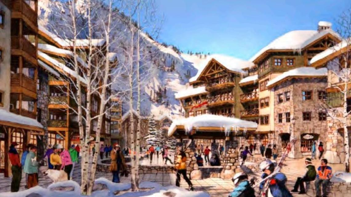 A drawing from The Village at Squaw Valley specific plan shows an example of pedestrian space. The design is subject to change, according to the document.