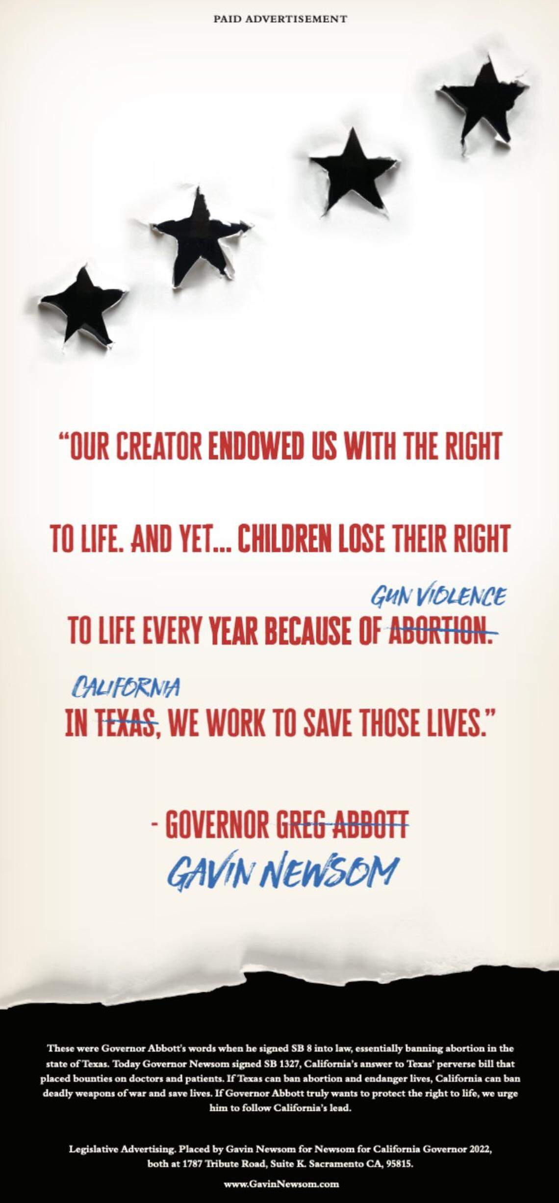 California Gov. Gavin Newsom’s campaign on Friday, July 22, 2022, ran a full-page ad in several Texas newspapers attacking Gov. Greg Abbott and stating support for gun control and abortion rights.