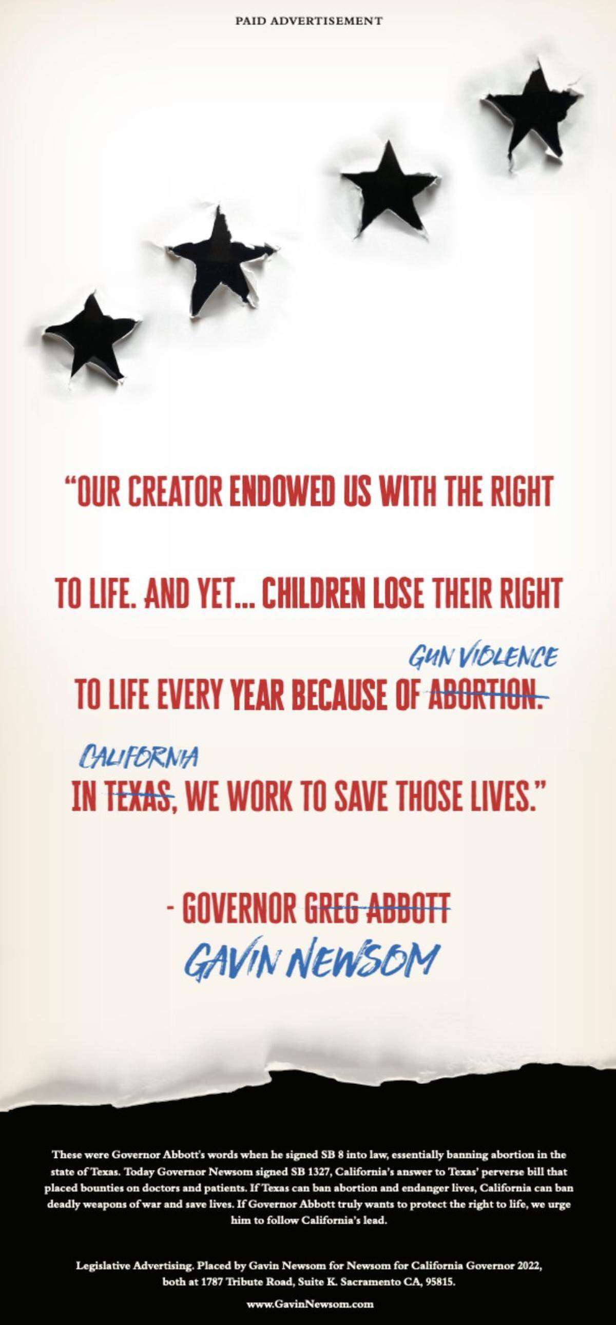 California Gov. Gavin Newsom’s campaign on Friday, July 22, 2022, ran a full-page ad in several Texas newspapers attacking Gov. Greg Abbott and stating support for gun control and abortion rights.