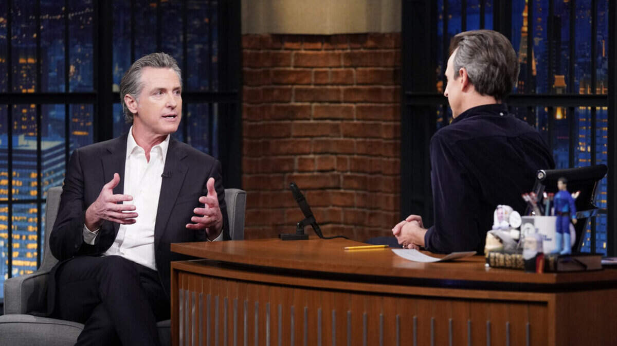 NBC host Seth Meyers interviews Gov. Gavin Newsom during an episode of “Late Night with Seth Meyers” on Wednesday.