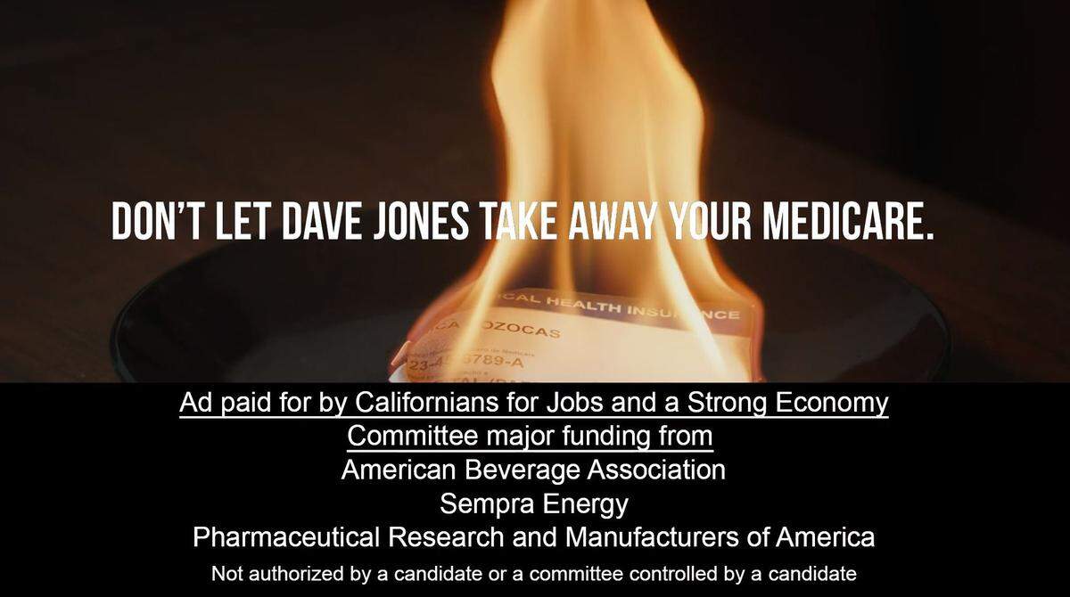 An ad funded by a political action committee claims state Senate candidate Dave Jones wants to take away California seniors’ Medicare plans.